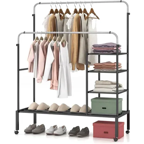 Portant à Vêtements Roulettes, 2 Tringles Réglables En 3 Hauteurs, Portant Vetement Solide (argent)