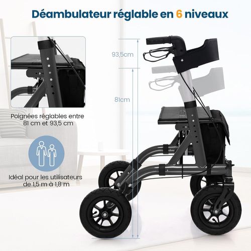 Déambulateur à Roue Pneumatique Tout Terrain De 24 Cm Réglables En Hauteur 81-93,5 Cm(noir)