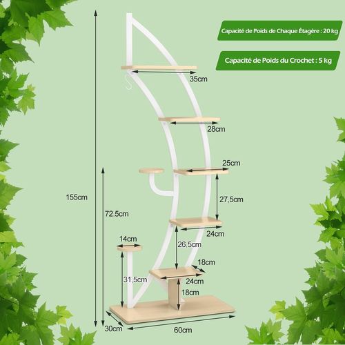 Support De Plante En Métal à 7 Niveaux, Étagère à Fleurs Avec Crochet,60x30x155cm, Blanc (2 Pièces)