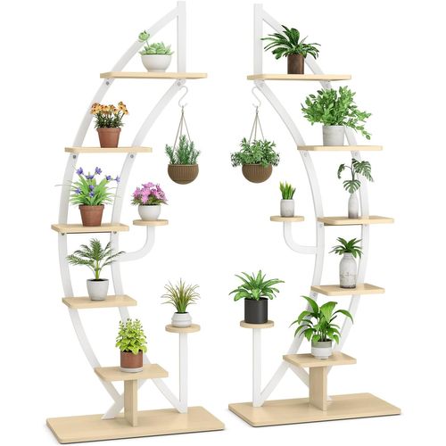 Support De Plante En Métal à 7 Niveaux, Étagère à Fleurs Avec Crochet,60x30x155cm, Blanc (2 Pièces)