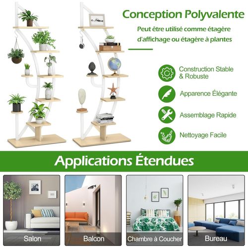 Support De Plante En Métal à 7 Niveaux, Étagère à Fleurs Avec Crochet,60x30x155cm, Blanc (2 Pièces)