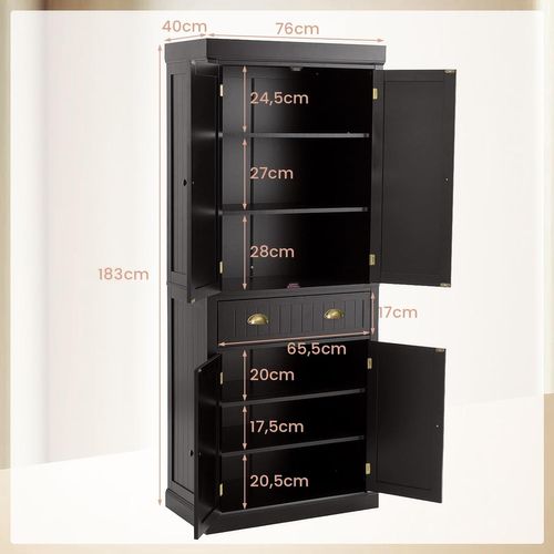 Armoire Cuisine Haute Avec éclairage LED - Buffet Vitrine 120cm Avec étagères Réglables Et Rangement Intelligent