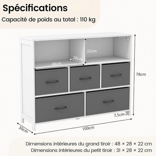 Commode Rangement 5 Tiroirs, Chiffonnier Avec 2 Grands Compartiments,salon, 100 X 30 X 78 Cm