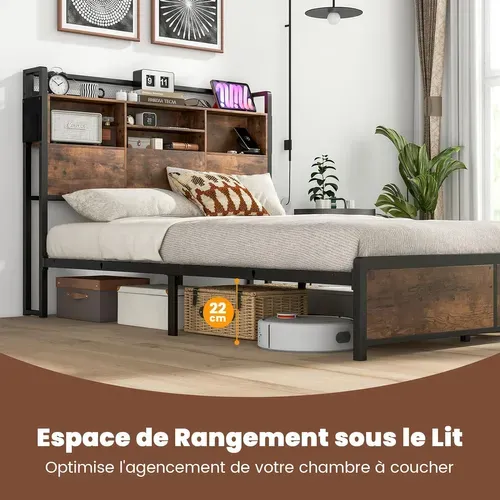 Cadre De Lit 160x200cm Avec Sommier, Tête De Lit Bibliothèque, Support à Lattes En Métal