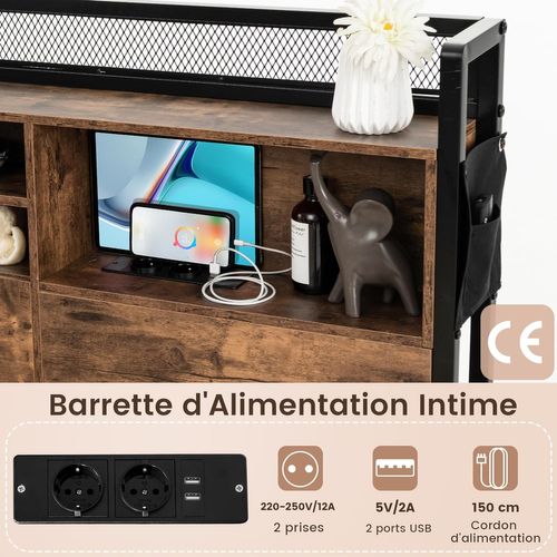 Cadre De Lit 160x200cm Avec Sommier, Tête De Lit Bibliothèque, Support à Lattes En Métal