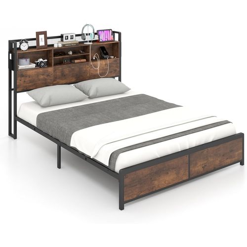 Cadre De Lit 160x200cm Avec Sommier, Tête De Lit Bibliothèque, Support à Lattes En Métal