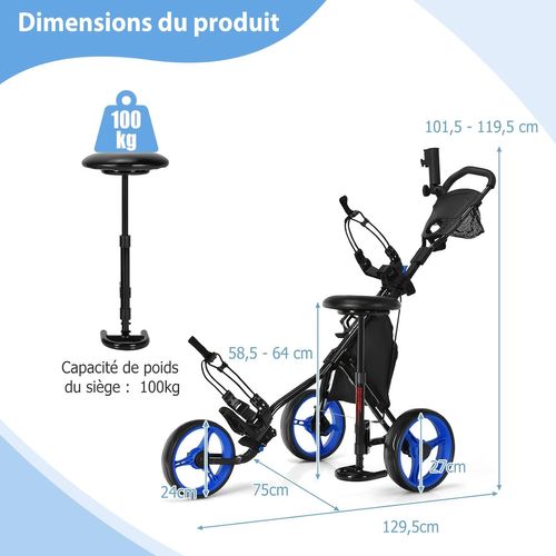 Chariot De Golf à 3 Roues Pliable, Avec Porte-gobelet,porte-parapluie Et Siège Réglables(bleu+noir)