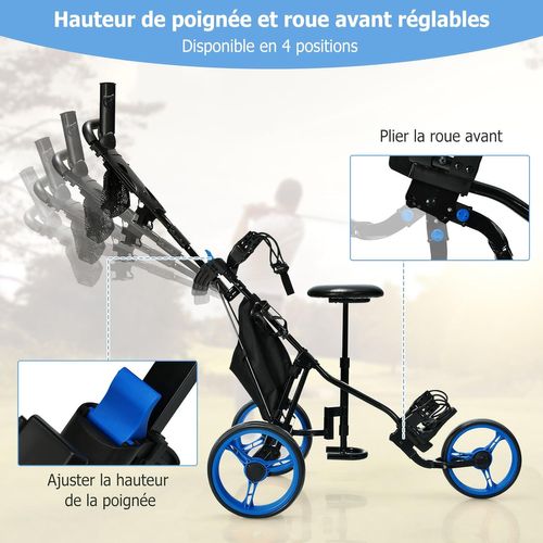 Chariot De Golf à 3 Roues Pliable, Avec Porte-gobelet,porte-parapluie Et Siège Réglables(bleu+noir)