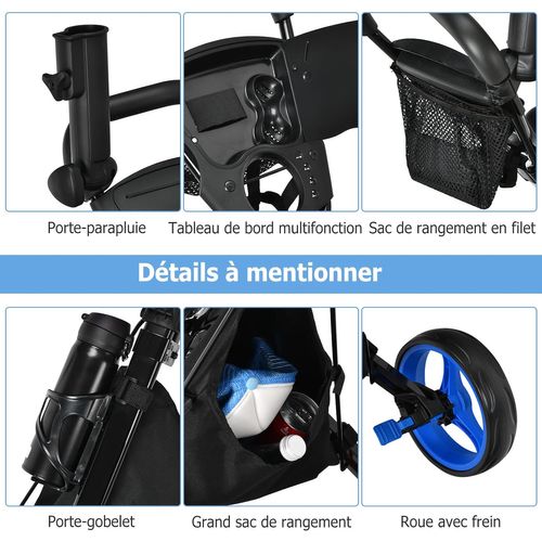 Chariot De Golf à 3 Roues Pliable, Avec Porte-gobelet,porte-parapluie Et Siège Réglables(bleu+noir)