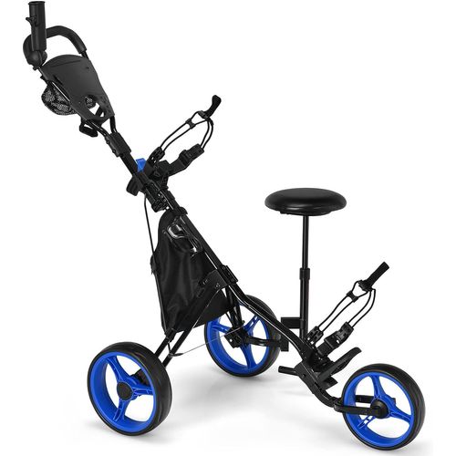 Chariot De Golf à 3 Roues Pliable, Avec Porte-gobelet,porte-parapluie Et Siège Réglables(bleu+noir)