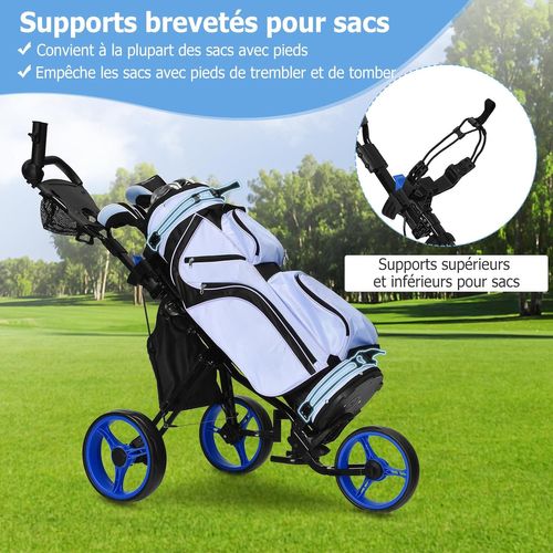 Chariot De Golf à 3 Roues Pliable, Avec Porte-gobelet,porte-parapluie Et Siège Réglables(bleu+noir)