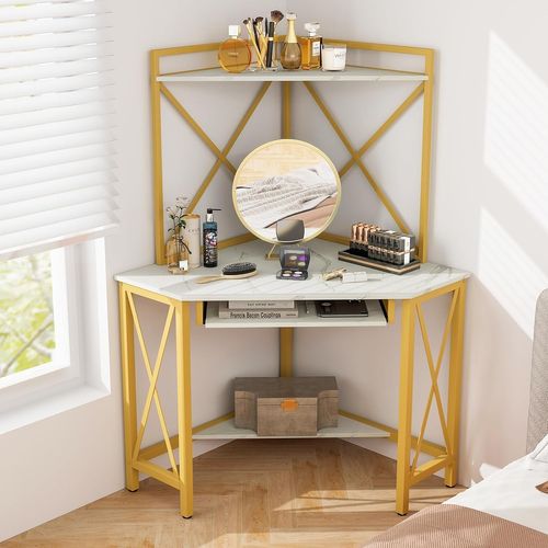Bureau D'angle Avec Étagère De Rangement,bureau Informatique Avec 2 Prises De Courant Et 2 USB,blanc