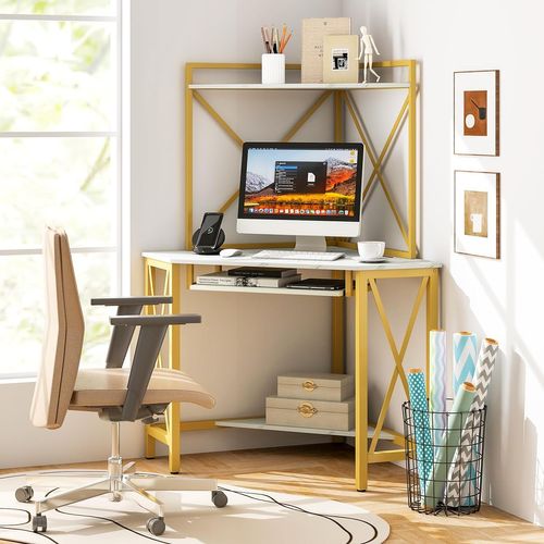 Bureau D'angle Avec Étagère De Rangement,bureau Informatique Avec 2 Prises De Courant Et 2 USB,blanc