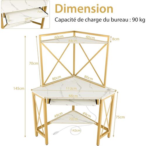 Bureau D'angle Avec Étagère De Rangement,bureau Informatique Avec 2 Prises De Courant Et 2 USB,blanc