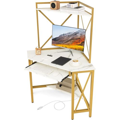 Bureau D'angle Avec Étagère De Rangement,bureau Informatique Avec 2 Prises De Courant Et 2 USB,blanc