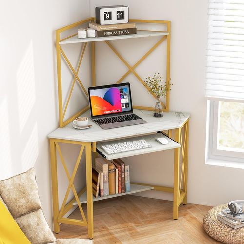 Bureau D'angle Avec Étagère De Rangement,bureau Informatique Avec 2 Prises De Courant Et 2 USB,blanc