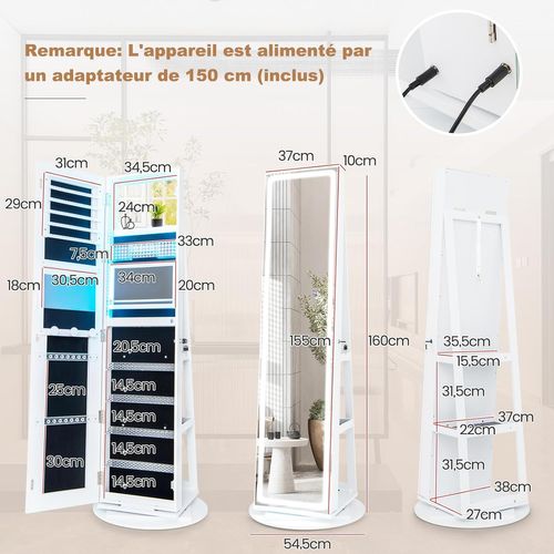 Armoire à Bijoux Avec Miroir Sur Pieds, Pivotant 360°,grand Miroir Psyché Sans Cadre Avec LED,blanc