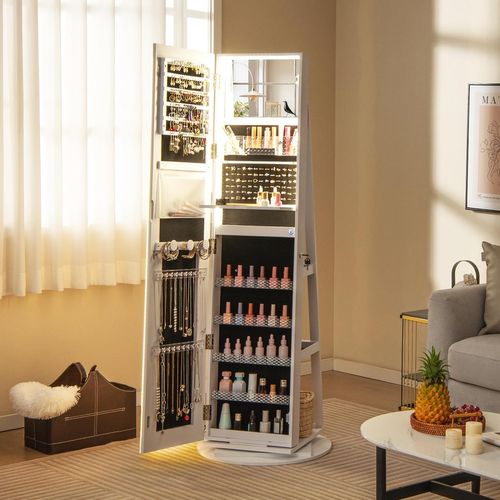 Armoire à Bijoux Avec Miroir Sur Pieds, Pivotant 360°,grand Miroir Psyché Sans Cadre Avec LED,blanc