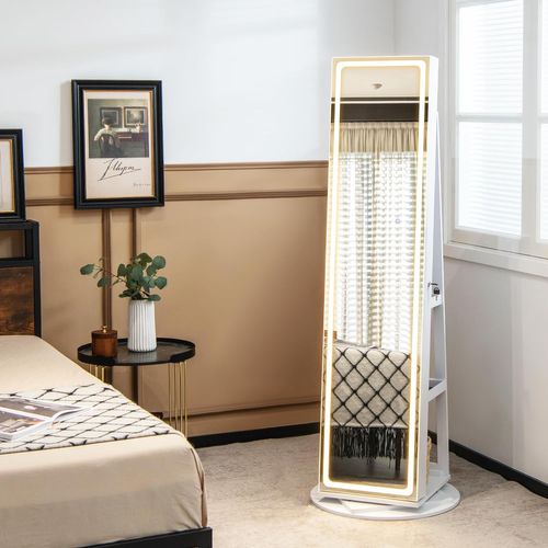 Armoire à Bijoux Avec Miroir Sur Pieds, Pivotant 360°,grand Miroir Psyché Sans Cadre Avec LED,blanc