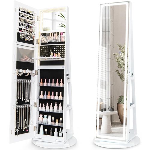 Armoire à Bijoux Avec Miroir Sur Pieds, Pivotant 360°,grand Miroir Psyché Sans Cadre Avec LED,blanc