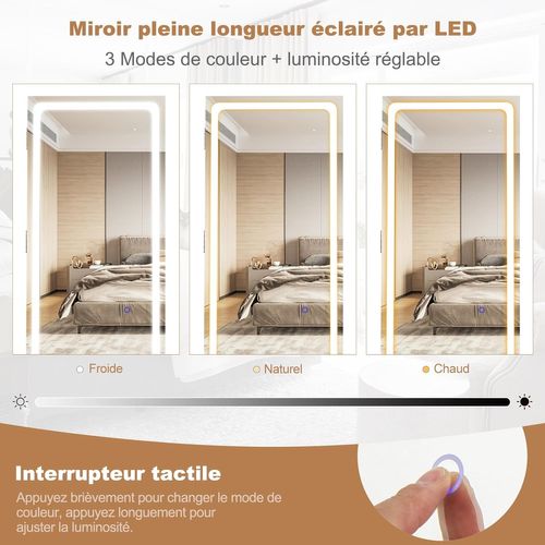 Armoire à Bijoux Avec Miroir Sur Pieds, Pivotant 360°,grand Miroir Psyché Sans Cadre Avec LED,blanc