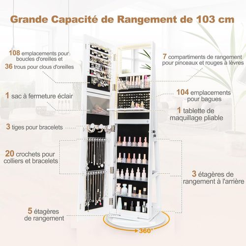 Armoire à Bijoux Avec Miroir Sur Pieds, Pivotant 360°,grand Miroir Psyché Sans Cadre Avec LED,blanc