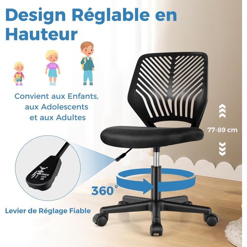 Chaise De Bureau Pivotante Enfants Avec Hauteur Réglable 77-89cm, Siège à Roulettes (noir)