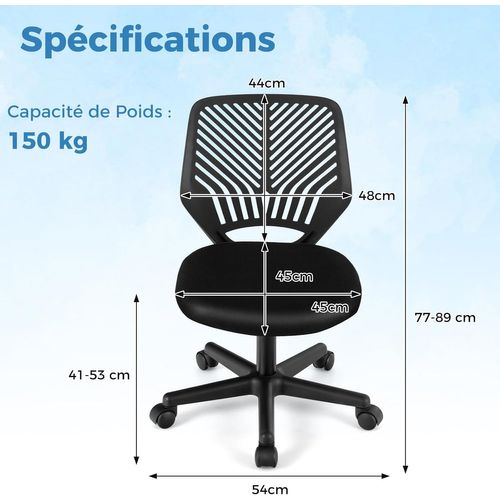 Chaise De Bureau Pivotante Enfants Avec Hauteur Réglable 77-89cm, Siège à Roulettes (noir)