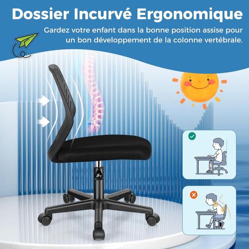 Chaise De Bureau Pivotante Enfants Avec Hauteur Réglable 77-89cm, Siège à Roulettes (noir)