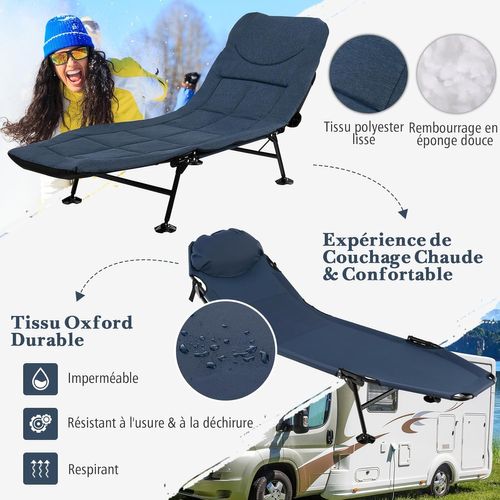 Lit De Camp Pliant 1 Personne Avec Matelas - Dossier Réglable 6 Positions - 190x68x30 Cm - Charge 150 Kg - 11