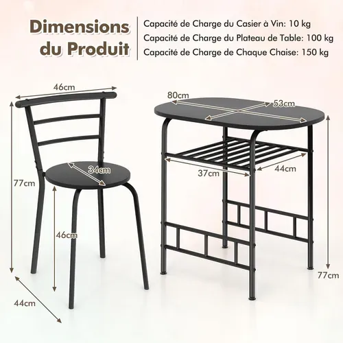 Table De Cuisine Avec Chaise Pour 2 Personnes,table Cuisine Petit Espace Avec Porte-bouteilles,noir
