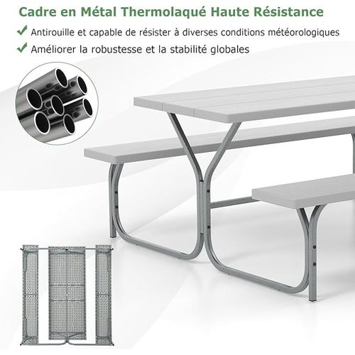Ensemble Table Et Bancs Pour 8 Personnes, Charge 250kg Trou Pour Parasol, 183 X 161 X 76 Cm (gris)