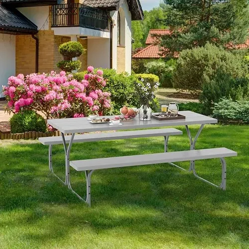 Ensemble Table Et Bancs Pour 8 Personnes, Charge 250kg Trou Pour Parasol, 183 X 161 X 76 Cm (gris)