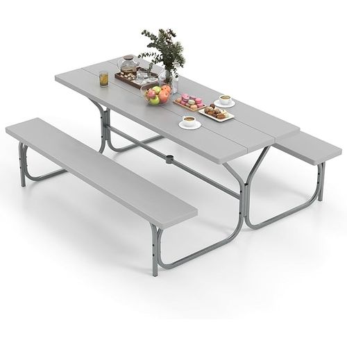 Ensemble Table Et Bancs Pour 8 Personnes, Charge 250kg Trou Pour Parasol, 183 X 161 X 76 Cm (gris)