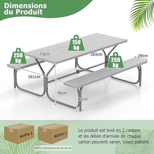 Ensemble Table Et Bancs Pour 8 Personnes, Charge 250kg Trou Pour Parasol, 183 X 161 X 76 Cm (gris)