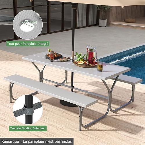 Ensemble Table Et Bancs Pour 8 Personnes, Charge 250kg Trou Pour Parasol, 183 X 161 X 76 Cm (gris)