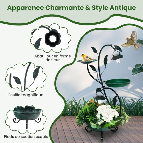 Bain D'Oiseaux Solaire 83 Cm 3 En 1 - Mangeoire + Jardinière + Lumières LED - Décoration Vintage Jardin Et Cour