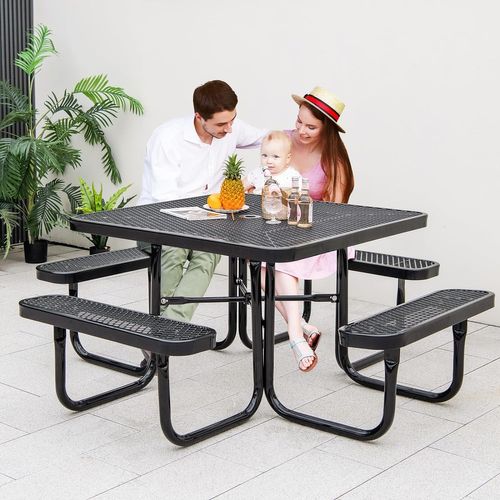 Table De Pique-nique Pour 8 Personnes GIANTEX - Avec 4 Bancs Intégrés, Trou Pour Parasol, En PEHD Résistant ! - 4