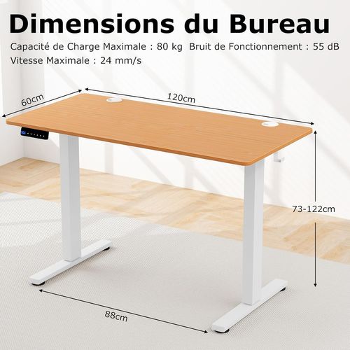 Bureau Assis Debout Électrique 120 X 60 Cm, Bureau Électrique Réglable En Hauteur (naturel+blanc)