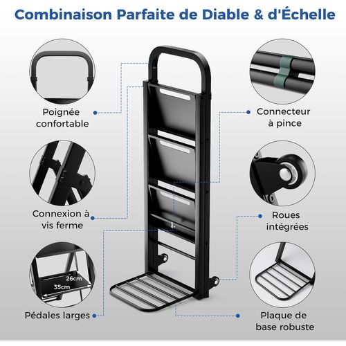 Escabeau Et Diable 2 En 1 Pliant En Métal, Capacité Echelle 200 Kg, Capacité Diable 250 Kg, Noir