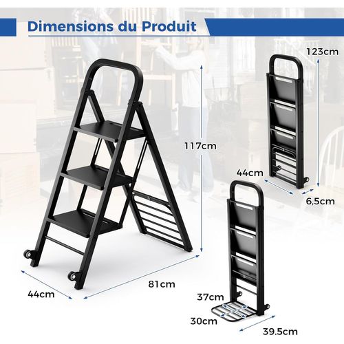 Escabeau Et Diable 2 En 1 Pliant En Métal, Capacité Echelle 200 Kg, Capacité Diable 250 Kg, Noir