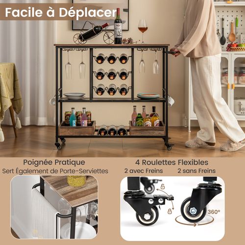 haiorjun Chariot de Bar 3 Niveaux Desserte à roulettes avec Plateau Repas Amovible, Chariot de Service en Bois Vintage avec Support à Vin et Porte-Verres, pour Bar, Cuisine, Salle à Manger