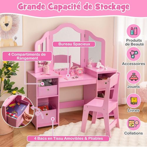 Coiffeuse Pour Enfants Avec Miroir Et Tabouret En Bois Style Princesse Cadeau Pour Filles Rose 20 0005756 96290499