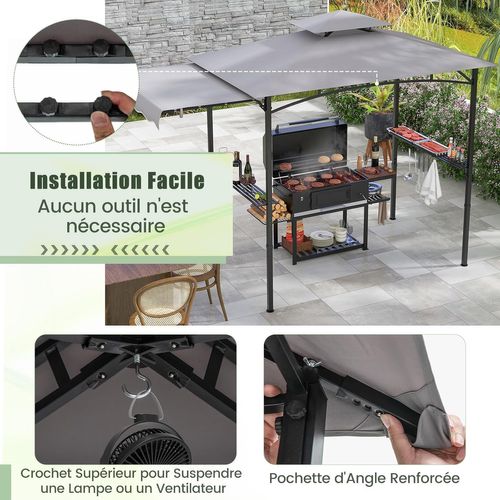 Tonnelle De Barbecue 318 X 153 Cm Avec Auvent Latéral, Abri Barbecue Cadre En Métal，gris