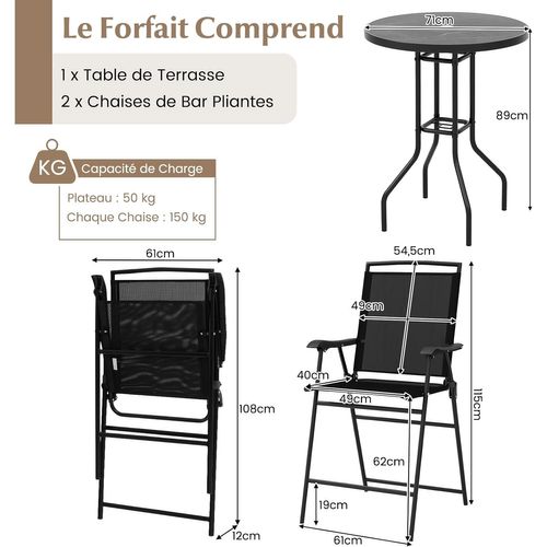 Ensemble Bistrot Pour Patio 3 Pièces, Table Et Chaises Pliantes De Bar De Jardin