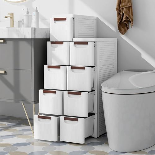 Petite Commode Étroite, Meuble Rangement 4 Tiroirs En Plastique, 42 X 19 X 74 Cm
