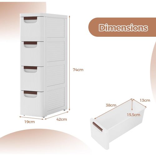 Petite Commode Étroite, Meuble Rangement 4 Tiroirs En Plastique, 42 X 19 X 74 Cm