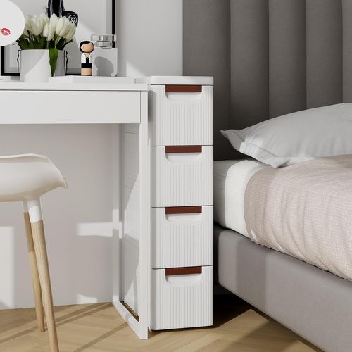 Petite Commode Étroite, Meuble Rangement 4 Tiroirs En Plastique, 42 X 19 X 74 Cm