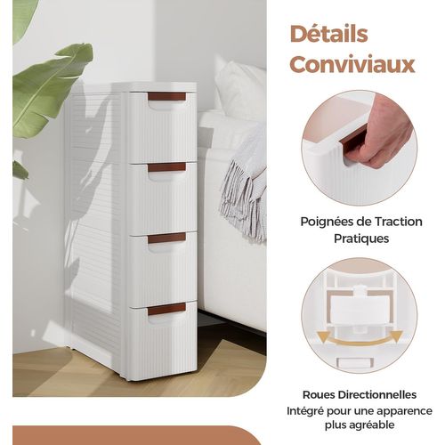 Petite Commode Étroite, Meuble Rangement 4 Tiroirs En Plastique, 42 X 19 X 74 Cm
