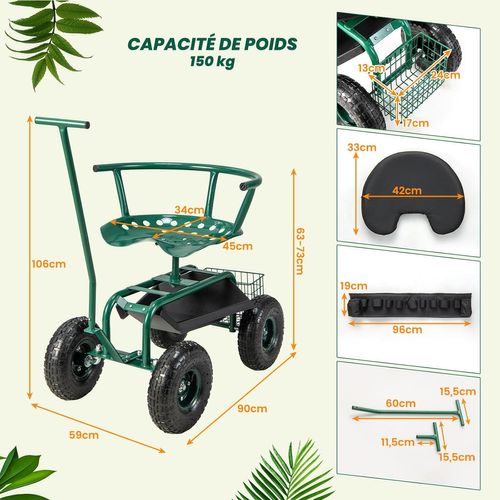 Sièges De Jardin Siège De Jardin Roulant OSKOPWRC Pliable Avec Roues - Hauteur Réglable 45-60 Cm, étagère Rangement - Pour Plantation, Désherbage - Bleu